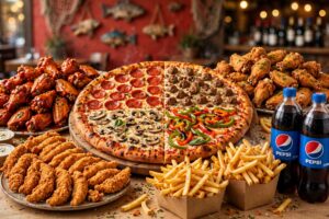 #12- 30" Pizza + 4 Toppings + 40 Wings + 20 fingers + Two Large Fries + Two 2 Liter Sodas