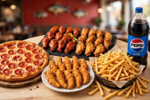 #18 - 16" Pizza + 1 Topping+20 Wings+10 Fingers+large Fries+(1) 2 Liter Soda
