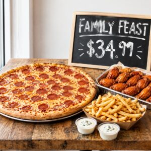 Family Feast $34.99: 16-inch pizza with one topping, 20 wings and medium fries