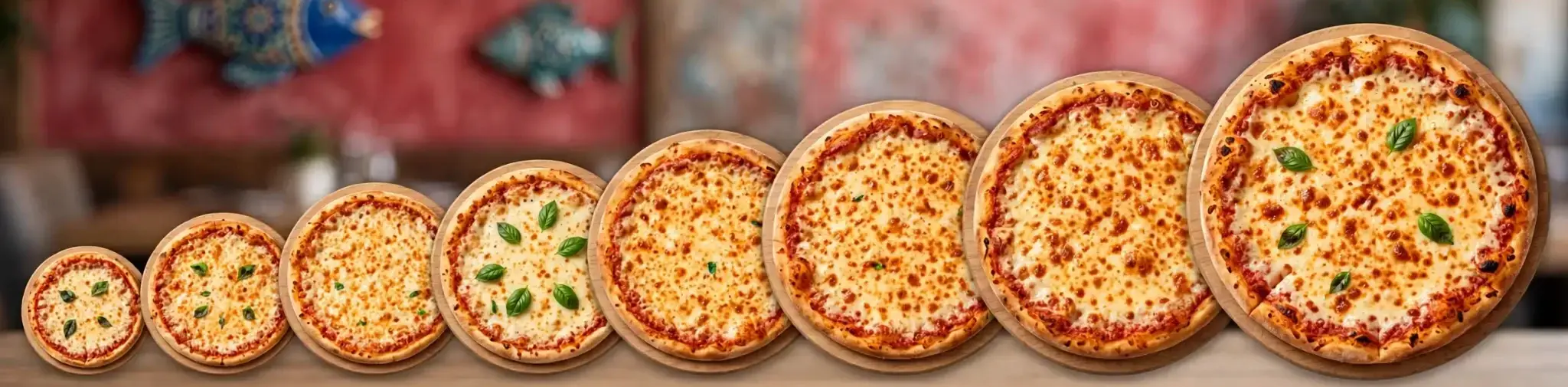 Eight Napoli pizzas arranged from personal size to our giant 36-inch pizza.